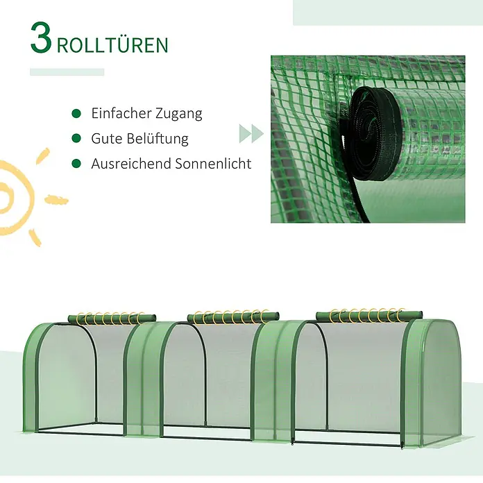 Outsunny Gewächshaus - 295 x 100 cm, Material Seitenwand: Kunststoff, 0,3 mm, Grün - Grünes Tunnelgewächshaus mit 3 Rolltüren für einfachen Zugang, gute Belüftung und ausreichend Sonnenlicht.