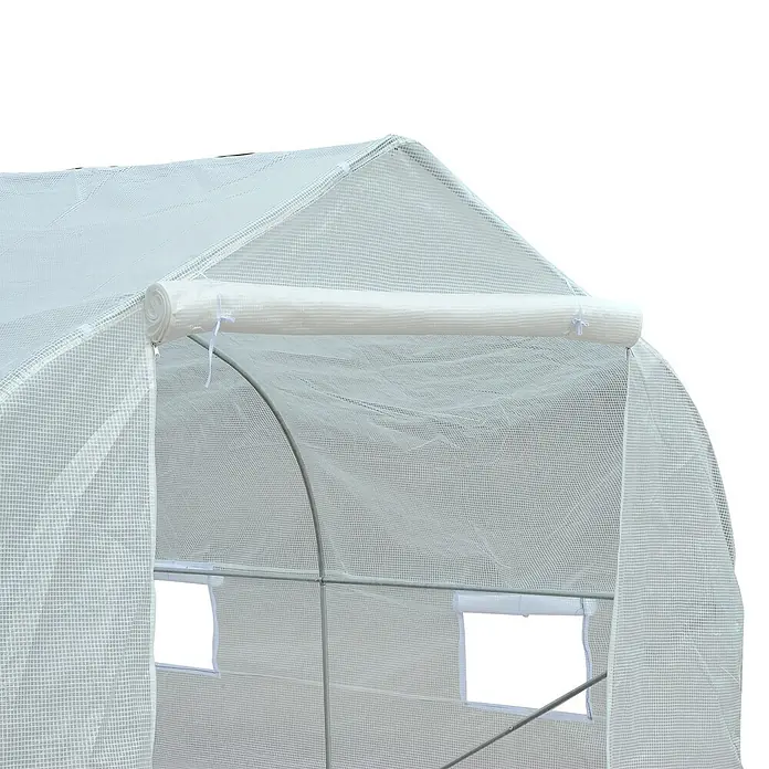 Furnicato Gewächshaus - 300 x 350 cm, Material Seitenwand: Metall, 14 mm, weiß - Heller Maschen-Gewächshauseingang mit aufgerollter Tür und Seitenfenstern.