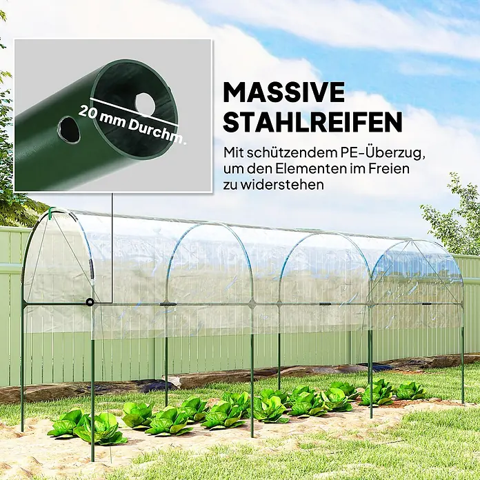 Furnicato Gewächshaus - Außenmaß inkl. Dachüberstand (B x T): 120 x 400 cm, Material Seitenwand: Edelstahl, 14 mm, silber - Grünes Foliengewächshaus mit robusten 20mm Stahlrohren und PE-Beschichtung zum Schutz von Pflanzen im Garten.