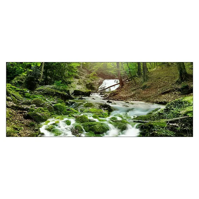 Glasbild - Mystic Ways, B x H: 80 x 30 cm - Idyllische Waldszene mit einem kleinen Wasserfall, der über moosbedeckte Steine fließt. Die Szene strahlt Ruhe und natürliche Schönheit aus.