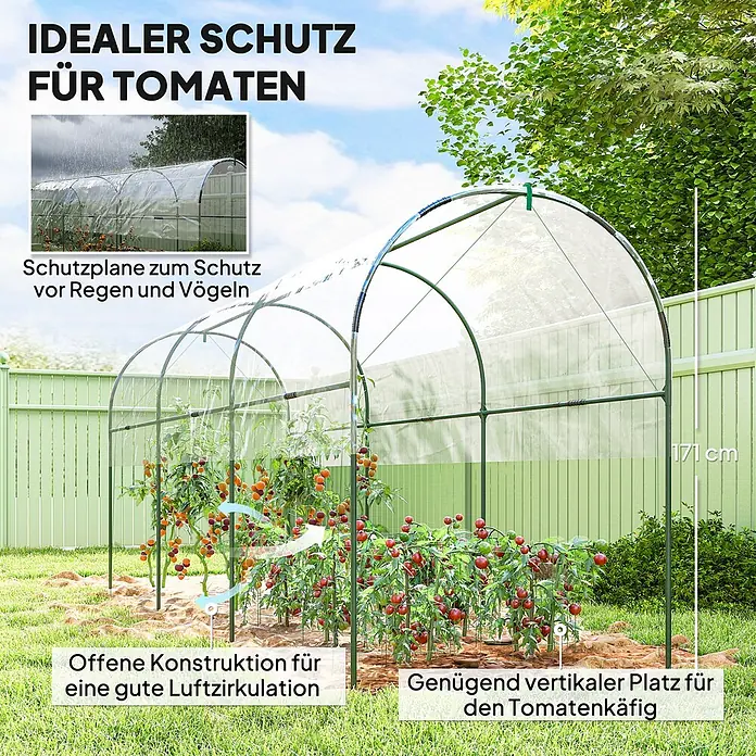 Furnicato Gewächshaus - Außenmaß inkl. Dachüberstand (B x T): 120 x 400 cm, Material Seitenwand: Edelstahl, 14 mm, silber - Grünes Tomatenschutzhaus mit transparenter Abdeckung, schützt Tomatenpflanzen im Garten, 171 cm hoch, gute Luftzirkulation.