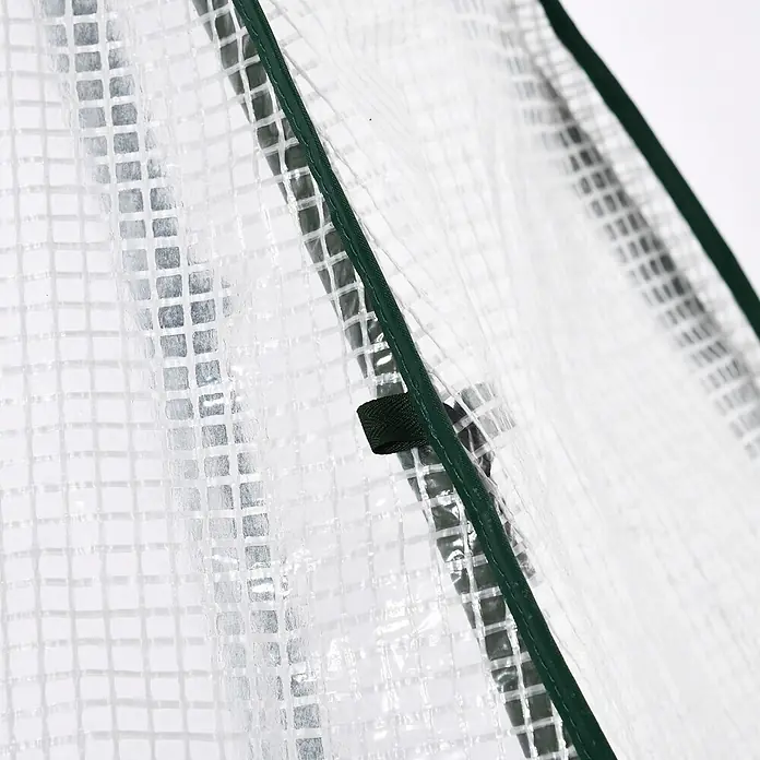 Furnicato Gewächshaus - 140 x 160 cm, Material Seitenwand: Metall, 14 mm, weiß - Transparente, gitterverstärkte Gewächshausfolie mit dunkelgrünem Stoffrand und schwarzem Riemen.
