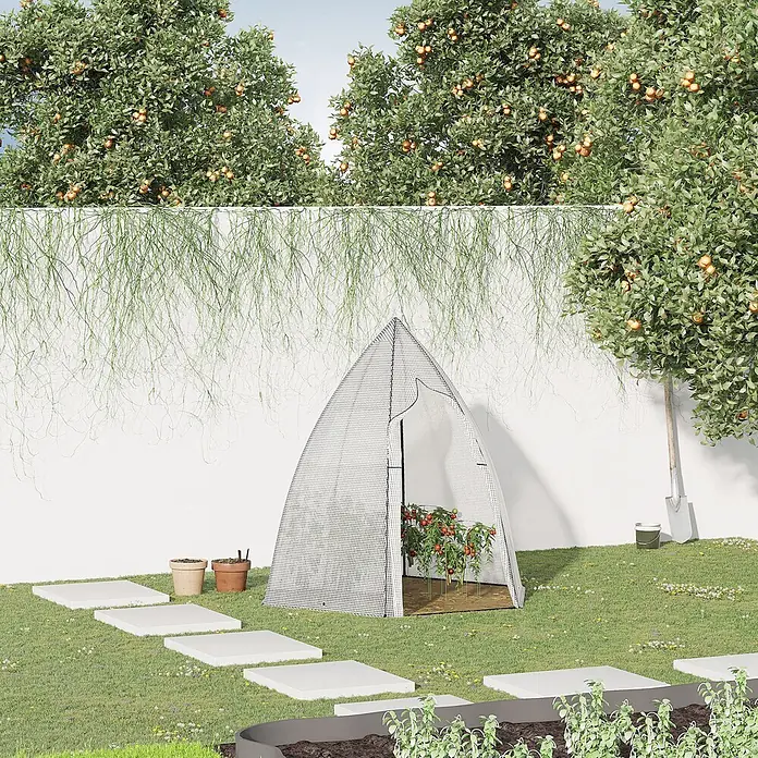 Furnicato Gewächshaus - 140 x 160 cm, Material Seitenwand: Metall, 14 mm, weiß - Kompaktes, weißes Pflanzenzelt aus Netzgewebe, das eine Tomatenpflanze im Garten schützt.