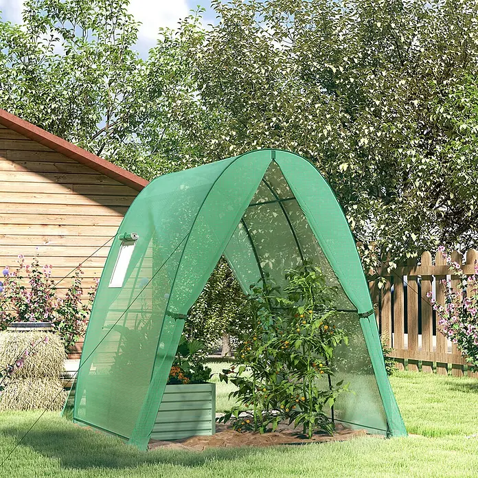 Outsunny Gewächshaus - 180 x 180 cm, Material Seitenwand: Kunststoff, 0,3 mm, Grün - Grünes Gewächshaus mit Netzabdeckung schützt Tomatenpflanzen im Garten.