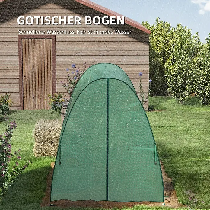 Outsunny Gewächshaus - 180 x 180 cm, Material Seitenwand: Kunststoff, 0,3 mm, Grün - Grünes, gewölbtes Pflanzenschutz-Zelt im Regen, demonstriert effizienten Wasserablauf und keine Staunässe.