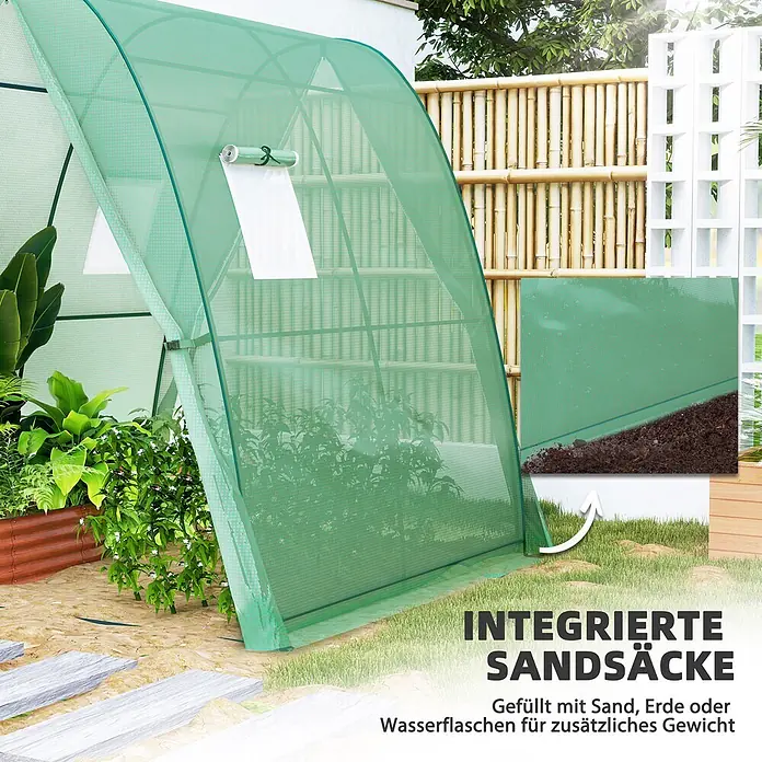 Outsunny Gewächshaus - 180 x 180 cm, Material Seitenwand: Kunststoff, 0,3 mm, Grün - Grünes Gewächshaus-Tunnelzelt aus Netzgewebe mit integrierten Sandsäcken, gefüllt mit Erde zur Stabilisierung.
