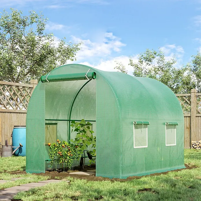 Furnicato Gewächshaus - Außenmaß inkl. Dachüberstand (B x T): 200 x 245 cm, Material Seitenwand: Stahl, 14 mm, Grün - Grünes Gewächshaus aus gitterverstärktem Stoff im Garten, vorne offen, mit Tomaten- und Auberginenpflanzen.