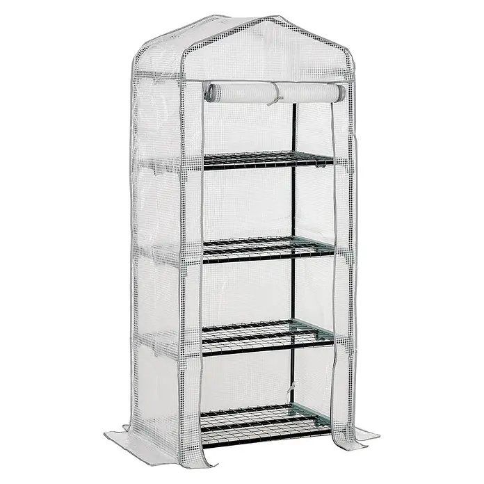 Furnicato Gewächshaus - Außenmaß inkl. Dachüberstand (B x T): 70 x 50 cm, Material Seitenwand: Metall, 14 mm, Grau - Hohes, transparentes Kunststoff-Gewächshaus mit mehreren Drahtablagen und aufrollbarer Front, ideal für Setzlinge oder kleine Pflanzen.
