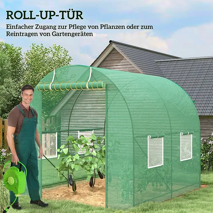 Furnicato Gewächshaus - 200 x 245 cm, Material Seitenwand: Stahl, 14 mm, Grün - Grünes Gewächshaus mit offener Rolltür für einfachen Zugang zur Pflanzenpflege oder zum Transport von Gartengeräten.