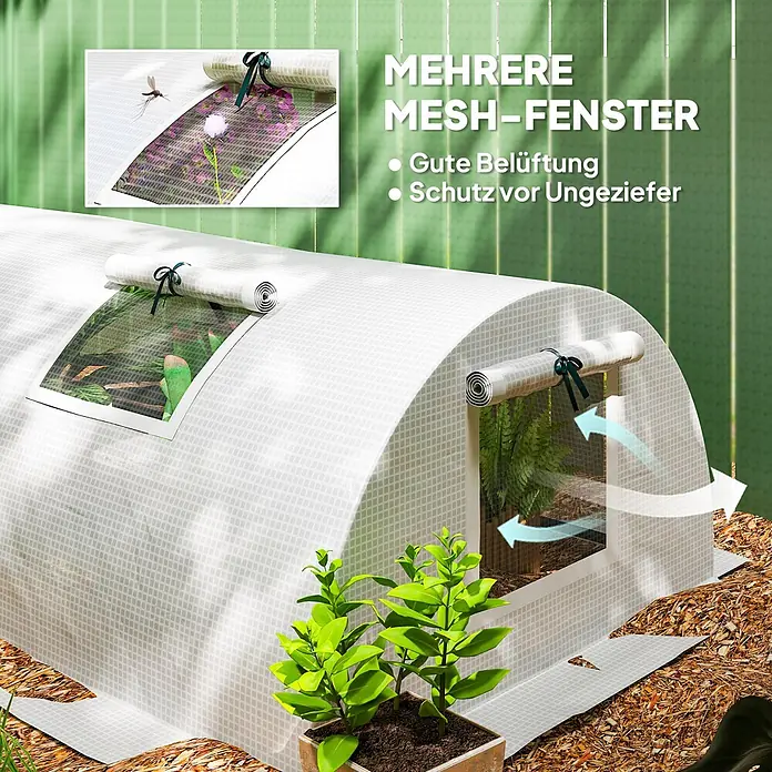 Outsunny Gewächshaus - 300 x 80 cm, Material Seitenwand: Kunststoff, 0,3 mm, Dunkelgrau - Weißer, gewölbter Gewächstunnel mit Netzfenstern für Belüftung und Schädlingsschutz, im Freien mit Pflanzen.
