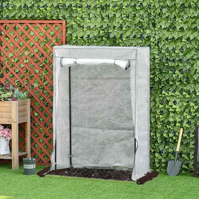 Outsunny Gewächshaus - 100 x 50 cm, Material Seitenwand: Kunststoff, 0,3 mm, Dunkelgrau - Kleines, tragbares Gewächshaus mit transparenter Gitterabdeckung, vorne offen, mit Erde.