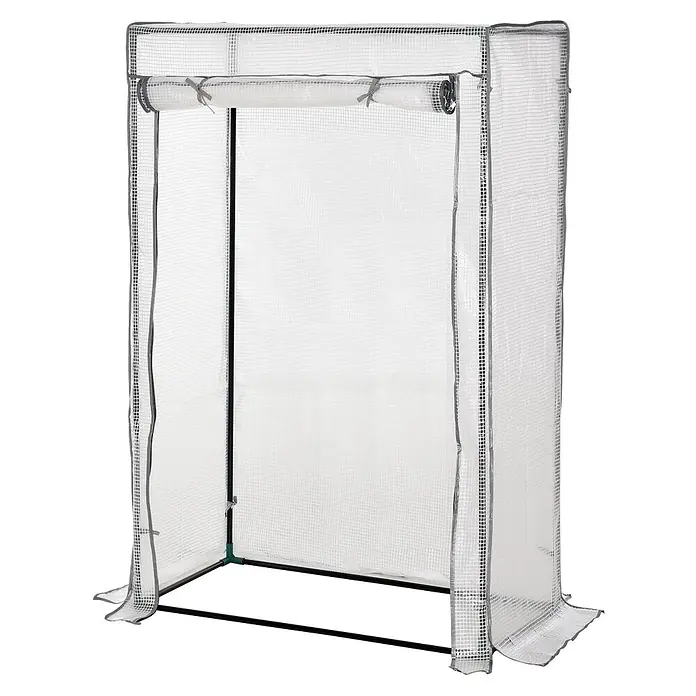 Furnicato Gewächshaus - Außenmaß inkl. Dachüberstand (B x T): 50 x 100 cm, Material Seitenwand: Stahl, 14 mm, weiß - Transparentes Minigewächshaus mit schwarzem Rahmen, Vorderseite hochgerollt.