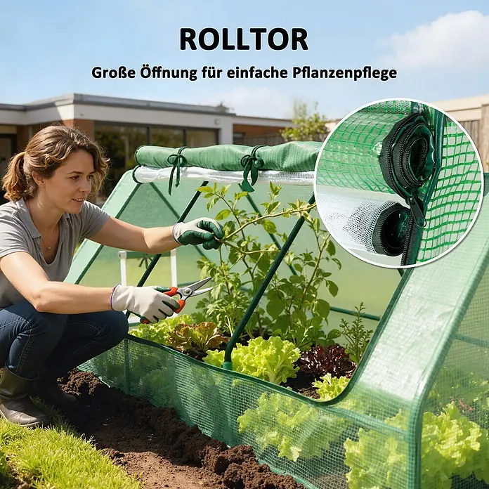 Outsunny Gewächshaus - 240 x 90 cm, Material Seitenwand: Kunststoff, 0,3 mm, Grün - Grüner Pflanztunnel mit Rolltor für einfachen Zugang. Eine Frau pflegt Pflanzen im schützenden Netzgewächshaus.