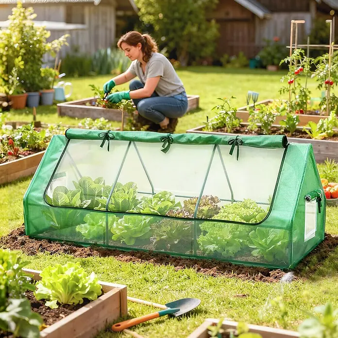 Outsunny Gewächshaus - 240 x 90 cm, Material Seitenwand: Kunststoff, 0,3 mm, Grün - Grünes tragbares Mini-Gewächshaus im Garten, das Salat und andere Pflanzen schützt. Eine Frau gärtnert im Hintergrund.