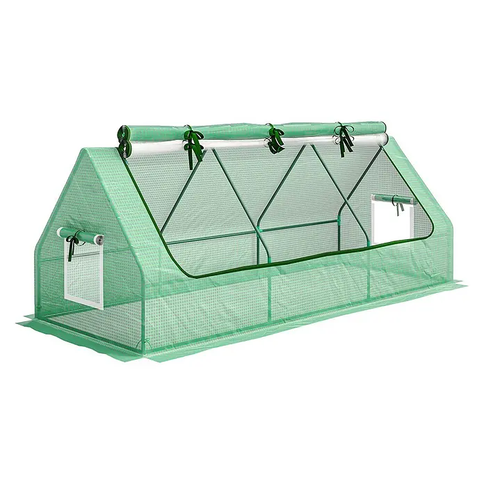 Furnicato Gewächshaus - 90 x 240 cm, Material Seitenwand: Stahl, 14 mm, grün - Grünes begehbares Gewächshaus oder Anzuchttunnel mit transparenter, gittergemusterter Abdeckung und aufrollbaren Fenstern mit Bindebändern.