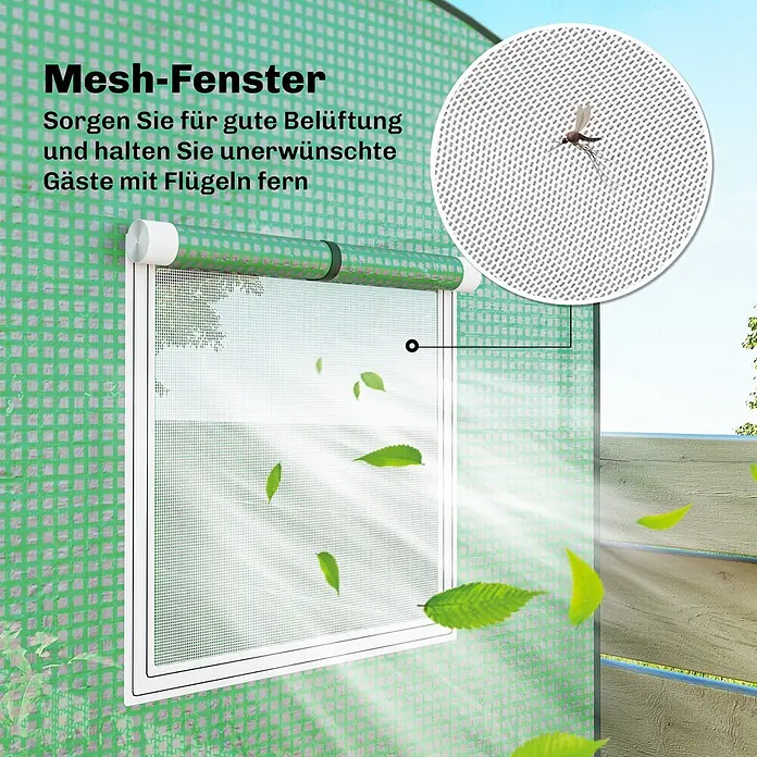 Outsunny Gewächshaus - 200 x 75 cm, Material Seitenwand: Kunststoff, 0,3 mm, Dunkelgrün - Mesh-Fenster für Gewächshaus, sorgt für Belüftung und hält Insekten fern. Eine Vergrößerung zeigt eine Mücke am Netz.