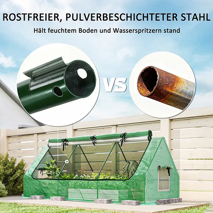 Outsunny Gewächshaus - 240 x 90 cm, Material Seitenwand: Kunststoff, 0,3 mm, Grün - Grünes Gewächshaus mit rostfreiem, pulverbeschichtetem Stahlrahmen, im Kontrast zu einem verrosteten Rohr für Langlebigkeit.