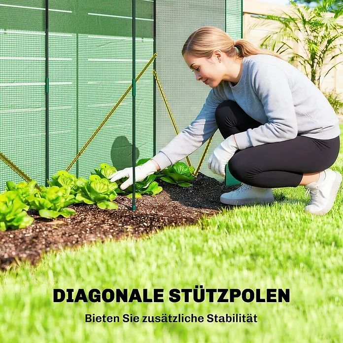 Outsunny Gewächshaus - 200 x 75 cm, Material Seitenwand: Kunststoff, 0,3 mm, Dunkelgrün - Gewächshaus mit diagonalen Stützstangen für zusätzliche Stabilität, eine Person pflegt Pflanzen darin.