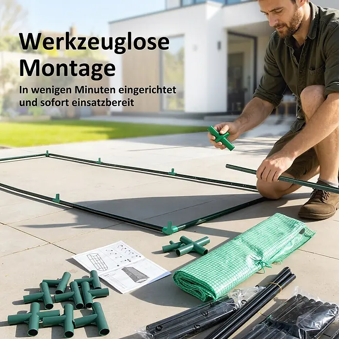 Outsunny Gewächshaus - 240 x 90 cm, Material Seitenwand: Kunststoff, 0,3 mm, Grün - Mann montiert ein kleines Gewächshaus mit dunkelgrünen Rahmenstangen und hellgrünen Verbindern. Eine grüne Gitterabdeckung und Anleitung liegen bereit für werkzeuglose Montage.