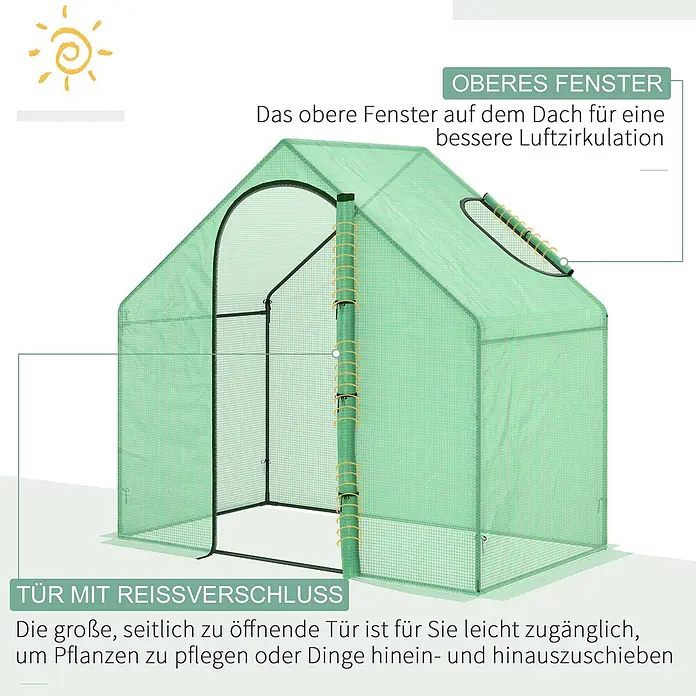 Outsunny Gewächshaus - 180 x 100 cm, Material Seitenwand: Kunststoff, 0,3 mm, Grün - Grünes begehbares Gewächshaus mit Reißverschlusstür und oberem Dachfenster zur Belüftung.