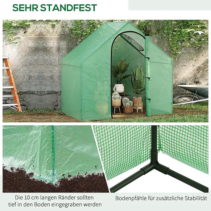 Outsunny Gewächshaus - 180 x 100 cm, Material Seitenwand: Kunststoff, 0,3 mm, Grün - Grünes Mini-Gewächshaus mit verstärkter Abdeckung, im Garten mit Pflanzen, zeigt Bodenpfähle für Stabilität.