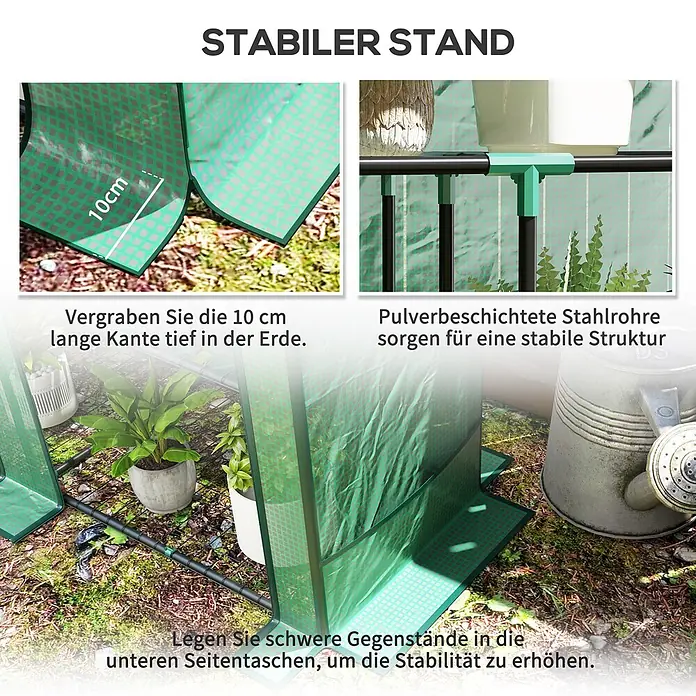Outsunny Gewächshaus - 144 x 48 cm, Material Seitenwand: Kunststoff, 0,3 mm, Grün - Grünes Minigewächshaus mit verstärkten Stabilitätsmerkmalen: vergrabener Rand, pulverbeschichteter Stahlrahmen und beschwerte Seitentaschen.