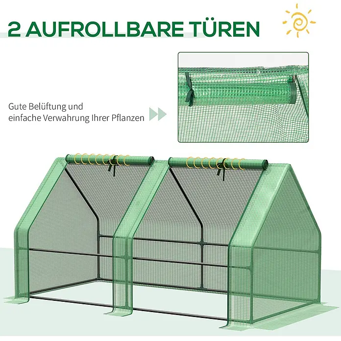 Furnicato Gewächshaus - 90 x 180 cm, Material Seitenwand: Stahl, 14 mm, Grün - Grünes Tunnelgewächshaus mit zwei aufrollbaren Türen, oben befestigt für Belüftung und einfachen Pflanzenzugang.