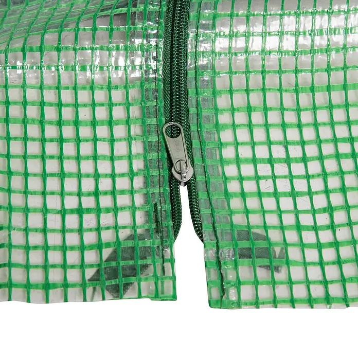 Furnicato Gewächshaus - 90 x 180 cm, Material Seitenwand: Stahl, 14 mm, Grün - Grüne, gitterverstärkte, transparente Gewächshausabdeckung mit teilweise geöffnetem grünem Reißverschluss.
