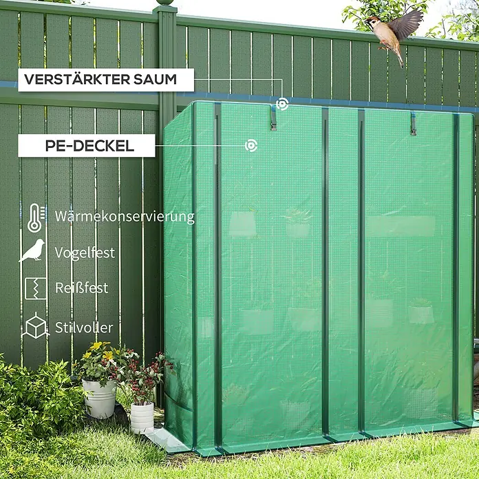 Outsunny Gewächshaus - 144 x 48 cm, Material Seitenwand: Kunststoff, 0,3 mm, Grün - Im Garten, ein grünes PE-Gewächshaus mit verstärkten Säumen, Wärmeerhaltung, Vogel- und Reißfestigkeit, stilvollem Design.