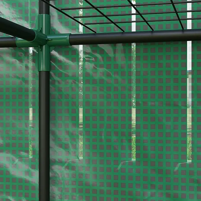 Outsunny Gewächshaus - 144 x 48 cm, Material Seitenwand: Kunststoff, 0,3 mm, Grün - Nahaufnahme einer Gewächshausstruktur mit dunkelgrünen Verbindern an schwarzen Stangen und einer lichtdurchlässigen, grün-karierten Abdeckung.