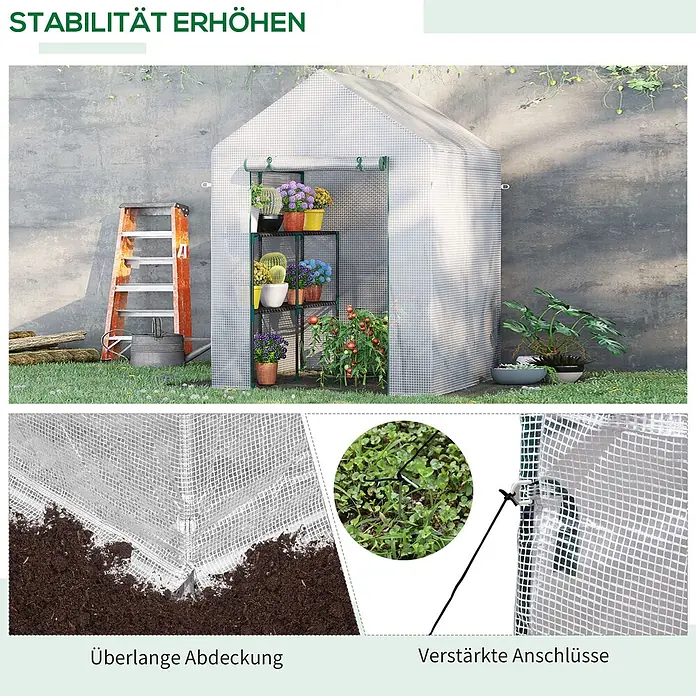 Furnicato Gewächshaus - 143 x 195 cm, Material Seitenwand: Stahl, 14 mm, silber - Weißes Gitter-Gewächshaus im Garten, das Stabilitätsmerkmale zeigt: eine überlange Abdeckung zum Beschweren und verstärkte Verankerungen.