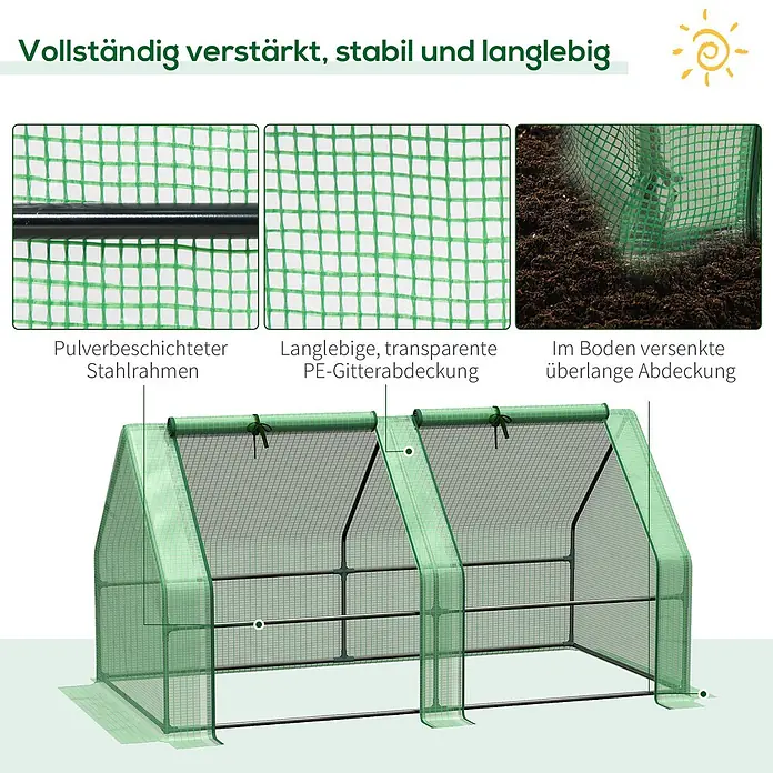 Furnicato Gewächshaus - 90 x 180 cm, Material Seitenwand: Stahl, 14 mm, Grün - Grünes Minigewächshaus mit pulverbeschichtetem Stahlrahmen und robuster PE-Gitterabdeckung zur Bodenverankerung.