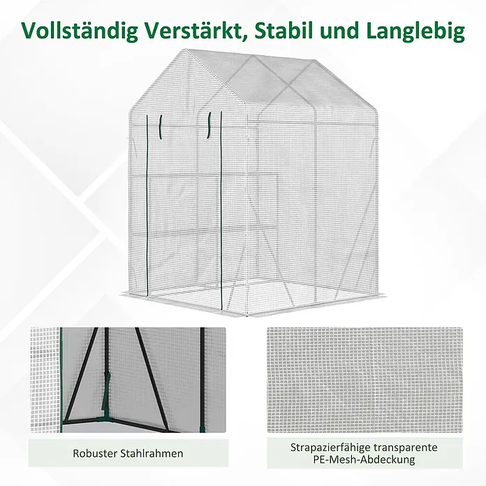 Furnicato Gewächshaus - 143 x 195 cm, Material Seitenwand: Stahl, 14 mm, silber - Verstärktes Gewächshaus mit transparenter PE-Gitterabdeckung und robustem Stahlrahmen.