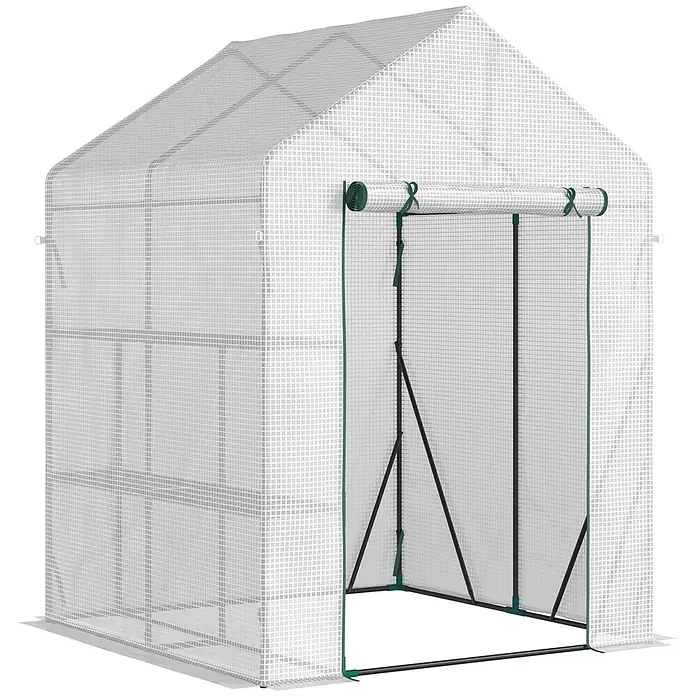 Furnicato Gewächshaus - 143 x 195 cm, Material Seitenwand: Stahl, 14 mm, silber - Ein kleines, tragbares Gewächshaus mit durchscheinender weißer Gitterabdeckung und hochgerolltem, grün eingefasstem Eingang.