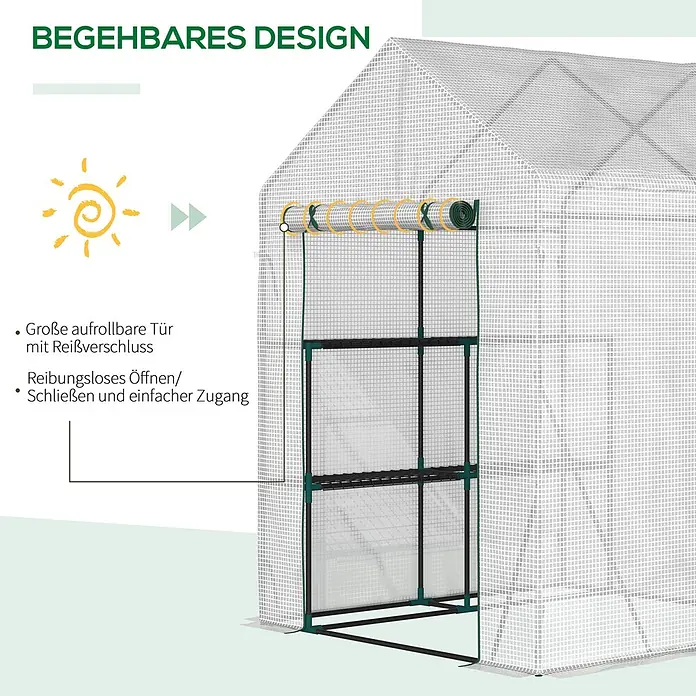 Furnicato Gewächshaus - 143 x 195 cm, Material Seitenwand: Stahl, 14 mm, silber - Gewächshaus mit transparenter Gitterabdeckung und aufrollbarer Reißverschlusstür, für einfachen Zugang offen gehalten.