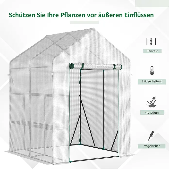 Furnicato Gewächshaus - 143 x 195 cm, Material Seitenwand: Stahl, 14 mm, silber - Weißes Gitter-Gewächshaus mit grünem Rand und Rolltür zum Schutz von Pflanzen.