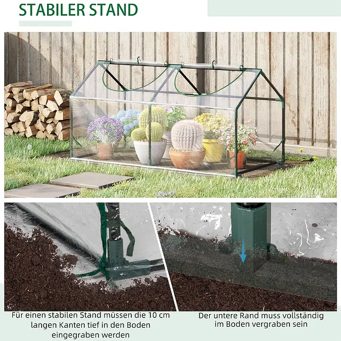 Furnicato Gewächshaus - 60 x 120 cm, Material Seitenwand: Stahl, 14 mm, silber - Kleines, transparentes Gewächshaus mit grünem Rahmen im Garten, dessen Ränder zur Stabilität eingegraben sind.