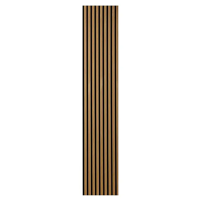 acous Akustikpaneel Economico - Eiche rustikal / schwarzer Filz, 2.400 x 380 x 16,5 mm - Vertikale Holzlamellenplatte in Naturfarbe mit schwarzen Fugen.