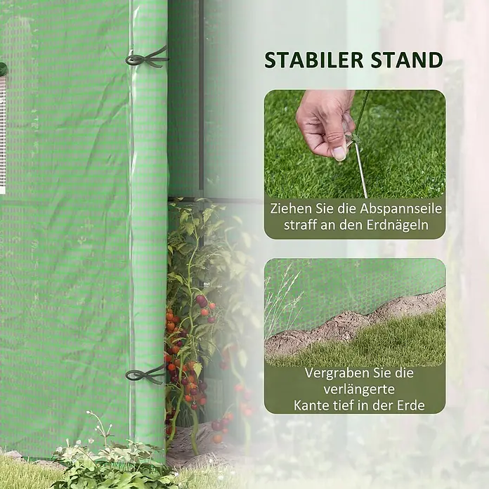 Furnicato Gewächshaus Stahl PE - 80 x 200 cm, Material Seitenwand: Kunststoff, 14 mm, Grün - Stabilität der grünen Gewächshausplane mit Erdnägeln und vergrabener Kante gezeigt.