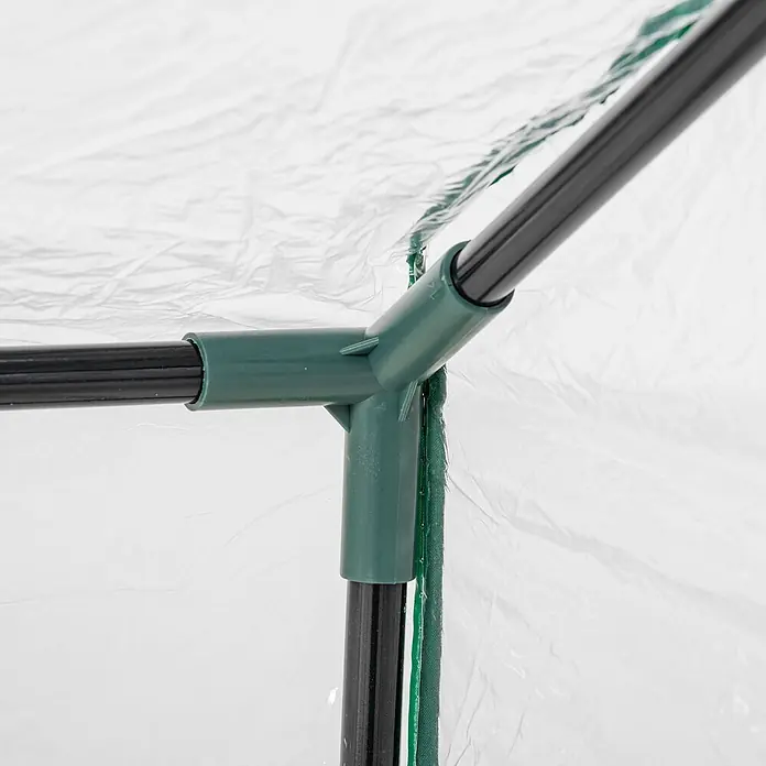 Furnicato Gewächshaus - 60 x 120 cm, Material Seitenwand: Stahl, 14 mm, silber - Dunkelgrüner Kunststoff-Gewächshausrahmenverbinder, der drei schwarze Metallstangen und Klarsichtfolie verbindet.