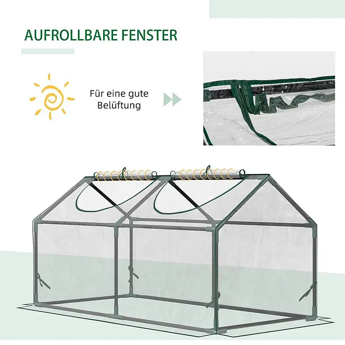 Furnicato Gewächshaus - 60 x 120 cm, Material Seitenwand: Stahl, 14 mm, silber - Gewächshaus mit aufrollbaren Klarsichtfenstern und grünem Gestell für gute Belüftung.