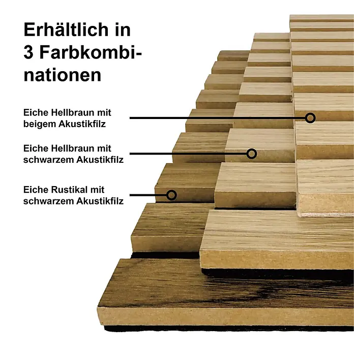 acous Akustikpaneel Economico - Eiche hellbraun / beiger Filz, 2.400 x 380 x 16,5 mm - Drei Akustikpaneele: Eiche hellbraun mit beigem Filz, Eiche hellbraun mit schwarzem Filz und Eiche rustikal mit schwarzem Filz.