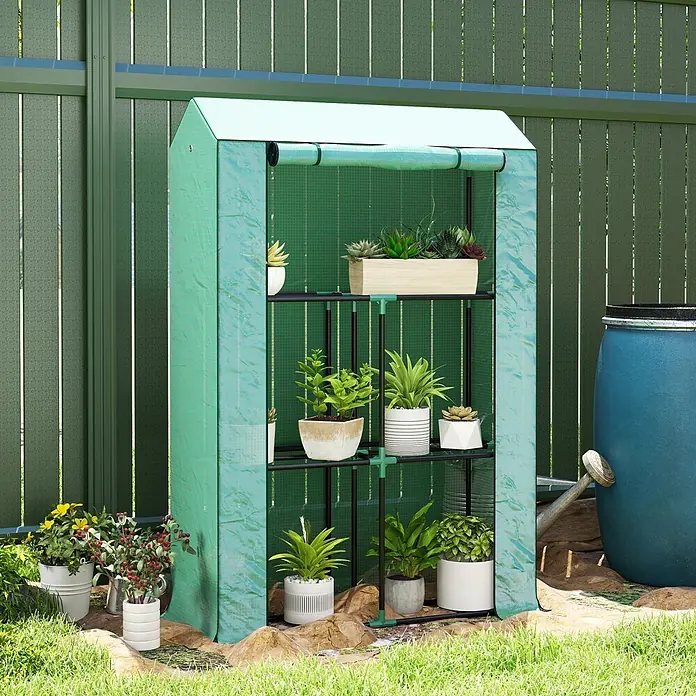 Outsunny Gewächshaus - 100 x 40 cm, Material Seitenwand: Kunststoff, 0,3 mm, Dunkelgrau - Kleines grünes tragbares Gewächshaus mit mehreren Regalen, gefüllt mit Topfpflanzen im Garten.