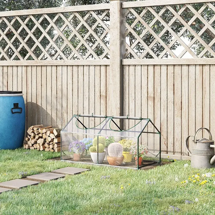 Furnicato Gewächshaus - 60 x 120 cm, Material Seitenwand: Stahl, 14 mm, silber - Mini-Gewächshaus mit grünem Rahmen, verschiedene Topfpflanzen enthaltend, im Garten.