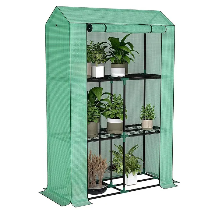 Outsunny Gewächshaus - 100 x 40 cm, Material Seitenwand: Kunststoff, 0,3 mm, Dunkelgrau - Grünes Kompakt-Gewächshaus mit transparenter Gitterfolie, aufrollbarem Eingang und schwarzen Metallregalen für Topfpflanzen.