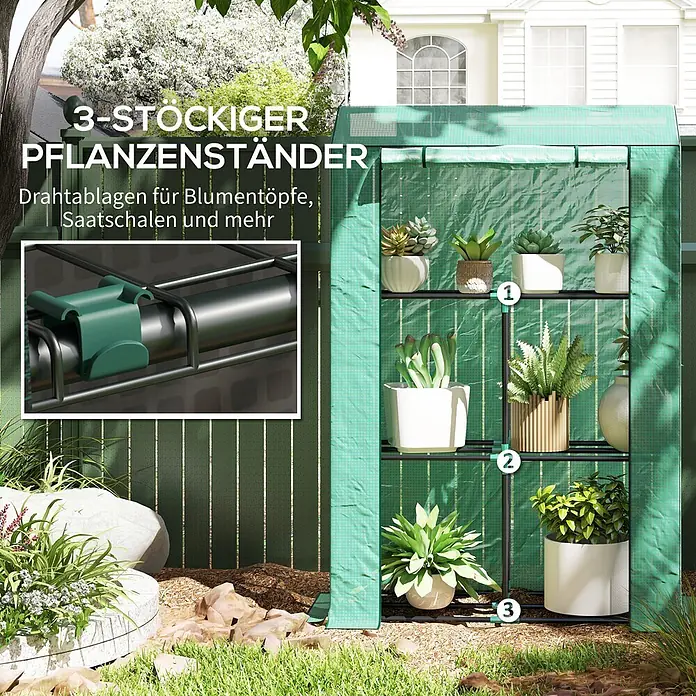 Outsunny Gewächshaus - 100 x 40 cm, Material Seitenwand: Kunststoff, 0,3 mm, Dunkelgrau - 3-stöckiger Pflanzenständer mit grüner Abdeckung und Drahtablagen für Töpfe und Saatschalen im Garten.