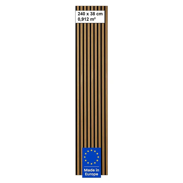 acous Akustikpaneel Economico - Eiche rustikal / schwarzer Filz, 2.400 x 380 x 16,5 mm - Akustikpaneel aus Holz (240 x 38 cm, 0,912 m²) mit Naturholzlamellen, schwarzer Rückseite und "Made in Europe"-Kennzeichnung.