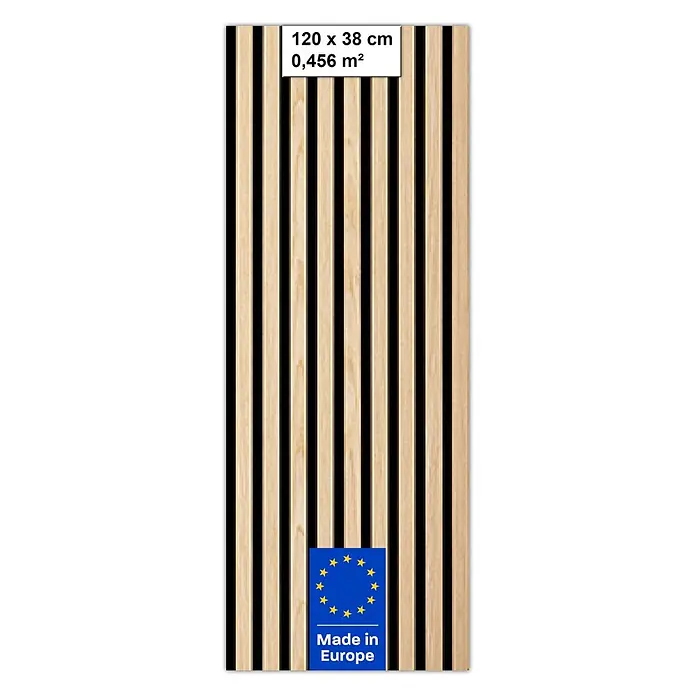 Akustikpaneel Acous Economico - Eiche Hellbraun /schwarzer Filz, 1.200 x 380 x 16,5 mm - Akustikpaneel mit hellen Holzlamellen auf schwarzem Filz, 120 x 38 cm. Hergestellt in Europa.