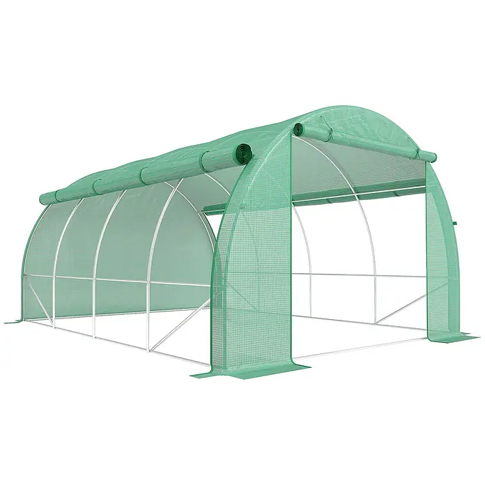 Furnicato Gewächshaus - 300 x 397 cm, Material Seitenwand: Stahl, 14 mm, Grau - Grünes begehbares Gewächshaustunnel mit durchsichtiger Gitterabdeckung und weißem Metallrahmen. Mit aufrollbaren Frontpaneelen.