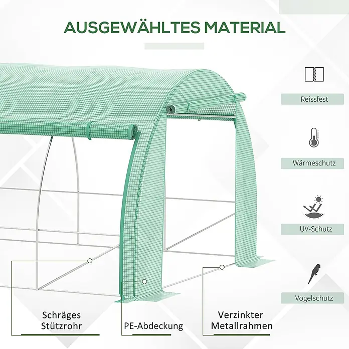 Furnicato Gewächshaus - 300 x 397 cm, Material Seitenwand: Stahl, 14 mm, Grau - Gewächshausstruktur mit grüner PE-Abdeckung und verzinktem Metallrahmen, zeigt Reiß-, Wärme-, UV- und Vogelschutz.